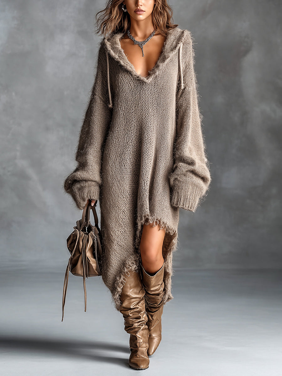 ALDARA | Vestido Midi de Punto Afelpado con Capucha