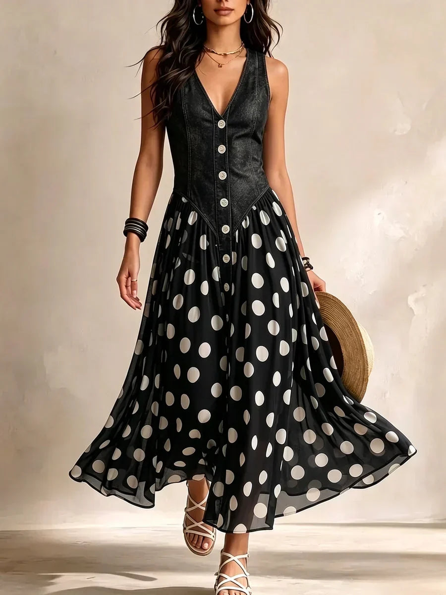 ADELINE | Vestido Largo Denim con Lunares
