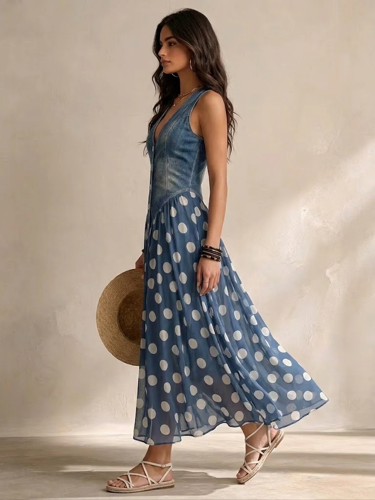 ADELINE | Vestido Largo Denim con Lunares