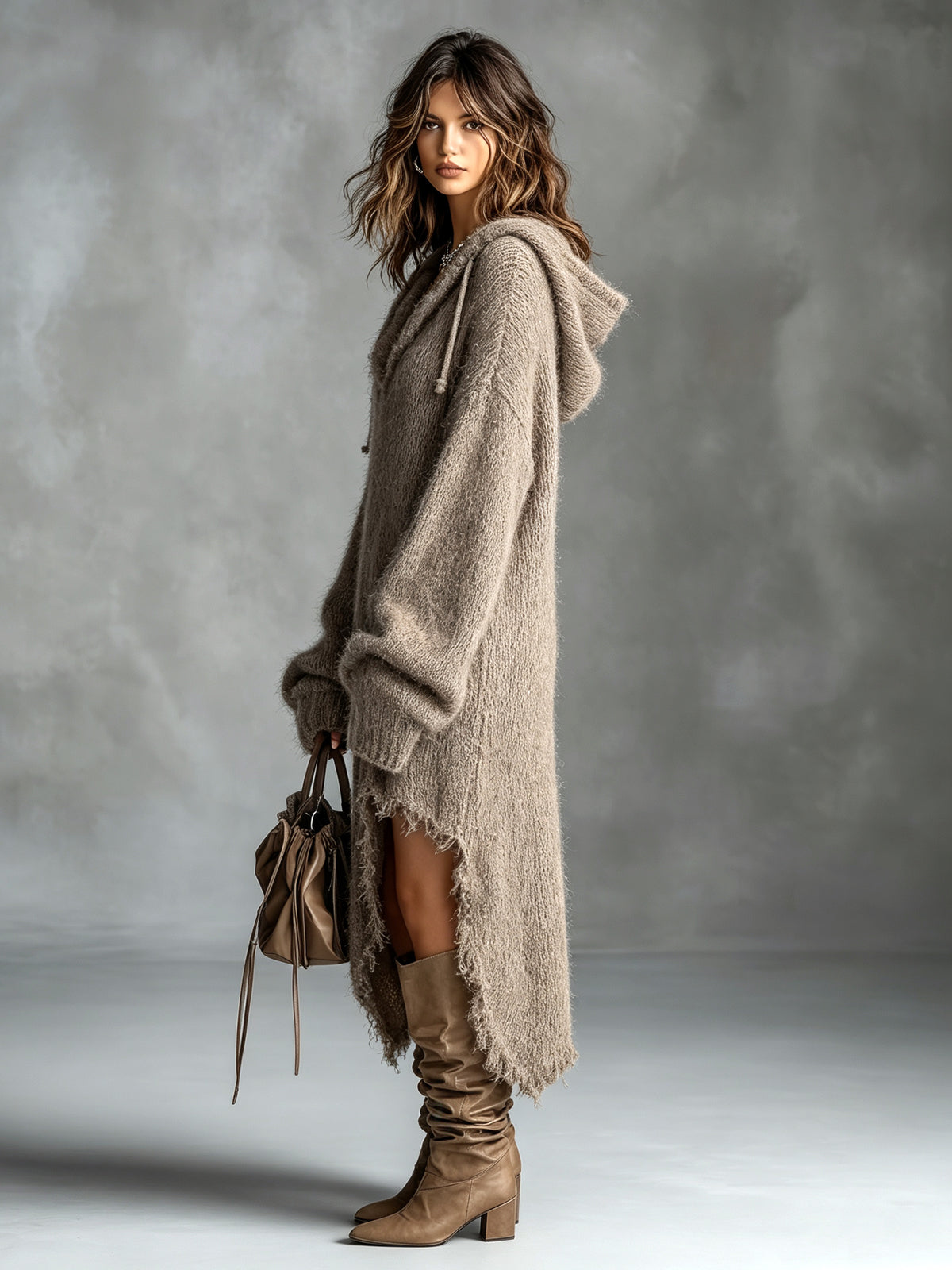 ALDARA | Vestido Midi de Punto Afelpado con Capucha