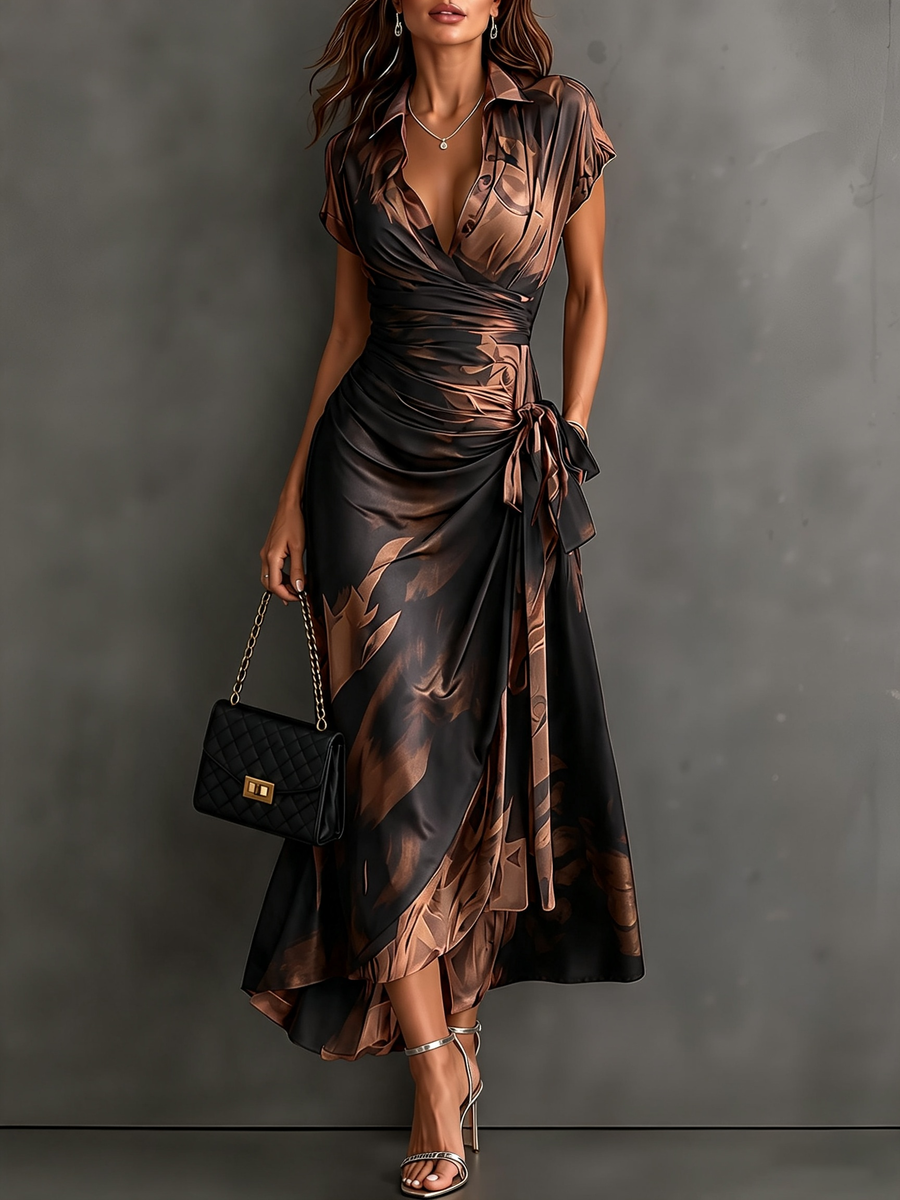 ÁGATA | Vestido Midi Cruzado con Estampado Abstracto Marrón y Negro