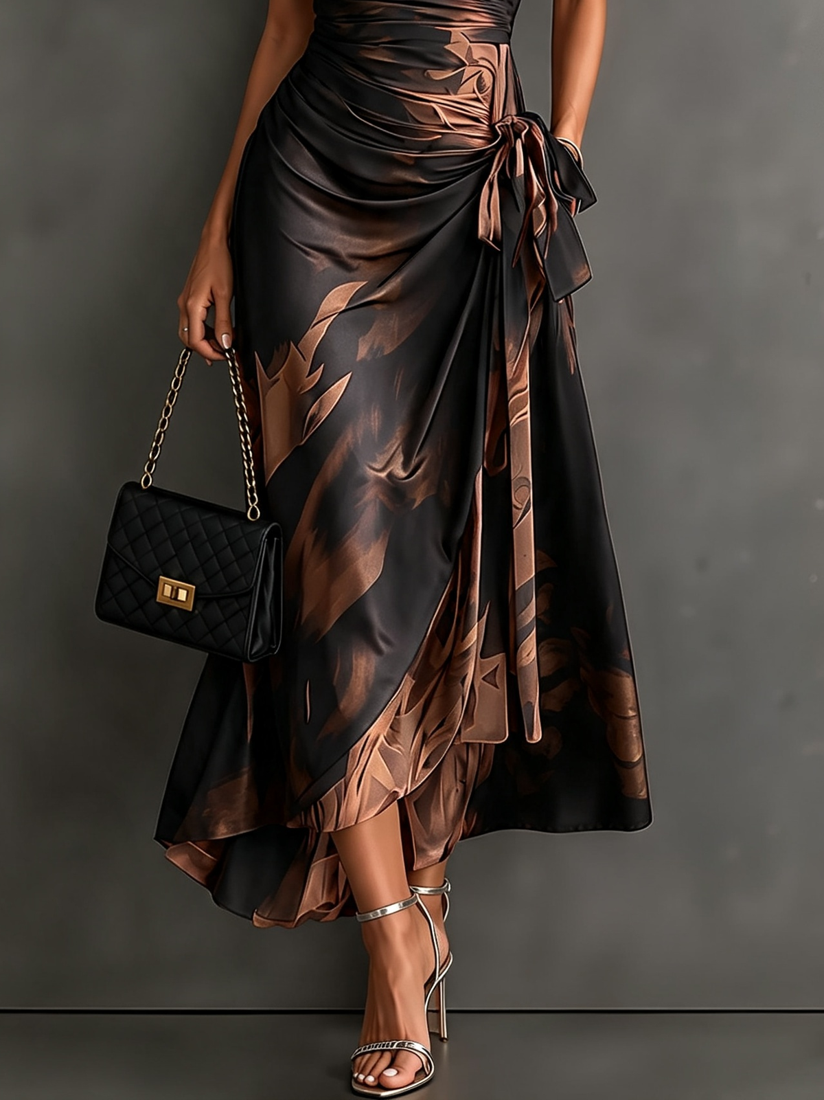 ÁGATA | Vestido Midi Cruzado con Estampado Abstracto Marrón y Negro
