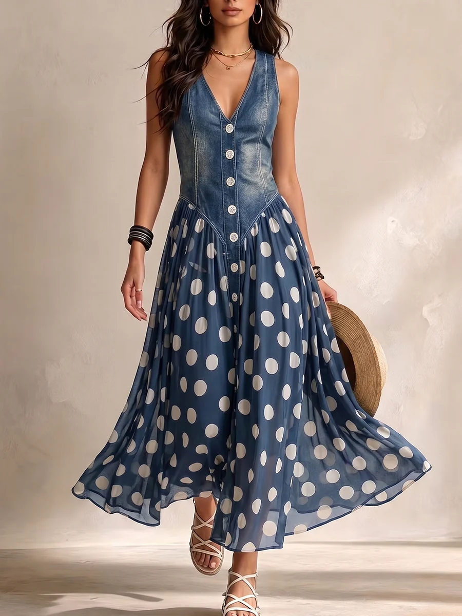 ADELINE | Vestido Largo Denim con Lunares