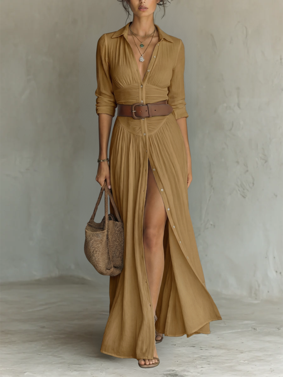 LIRIA | Vestido Maxi de Lino y Algodón con Cuello Solapa