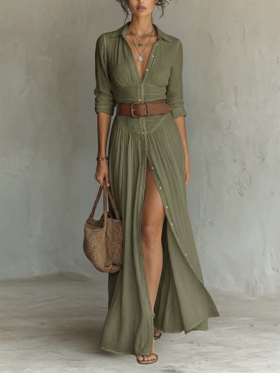 LIRIA | Vestido Maxi de Lino y Algodón con Cuello Solapa