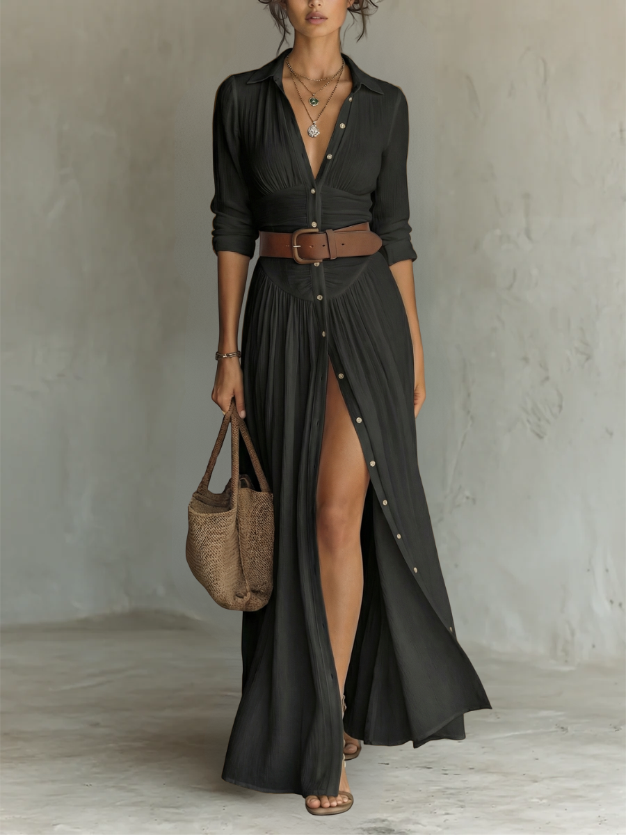LIRIA | Vestido Maxi de Lino y Algodón con Cuello Solapa