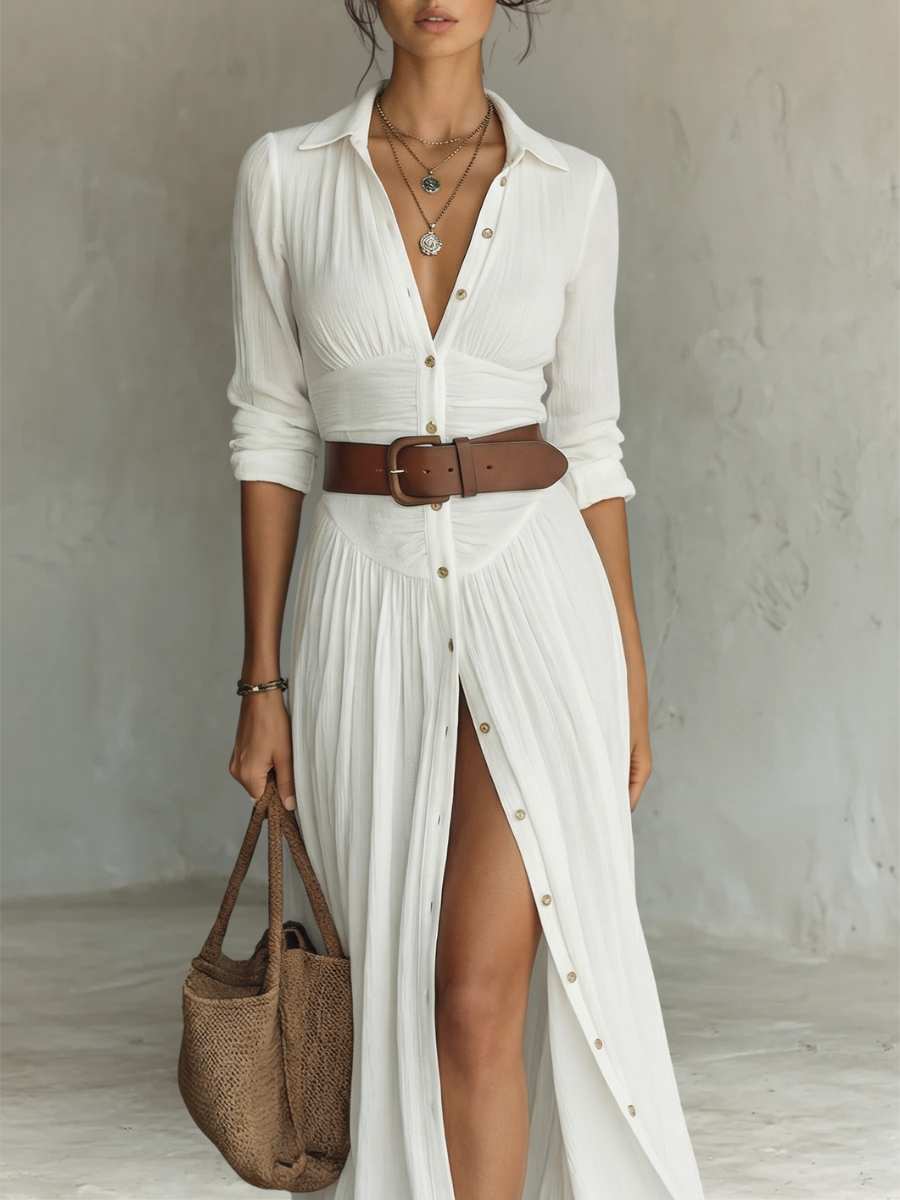 LIRIA | Vestido Maxi de Lino y Algodón con Cuello Solapa