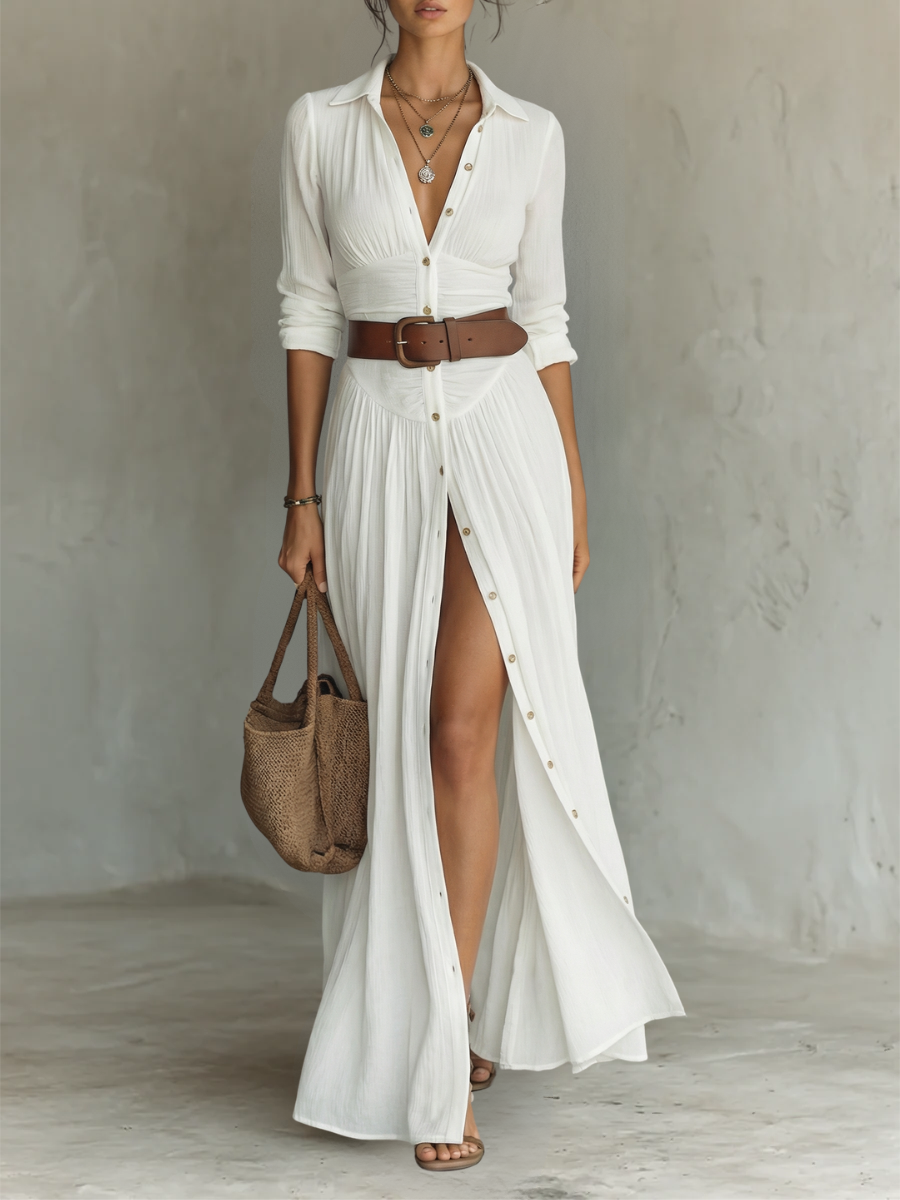 LIRIA | Vestido Maxi de Lino y Algodón con Cuello Solapa