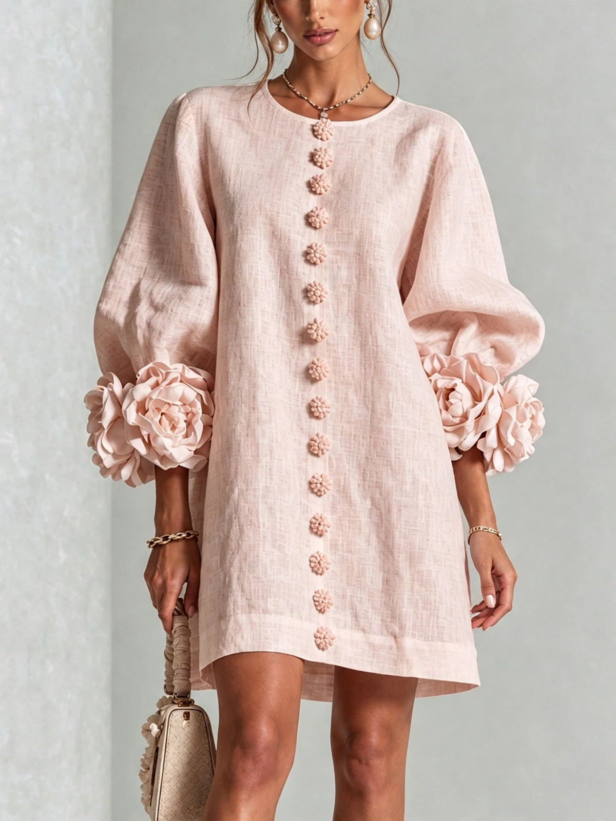 ROSELINA | Vestido Floral con Mangas Farol y Cuello Redondo