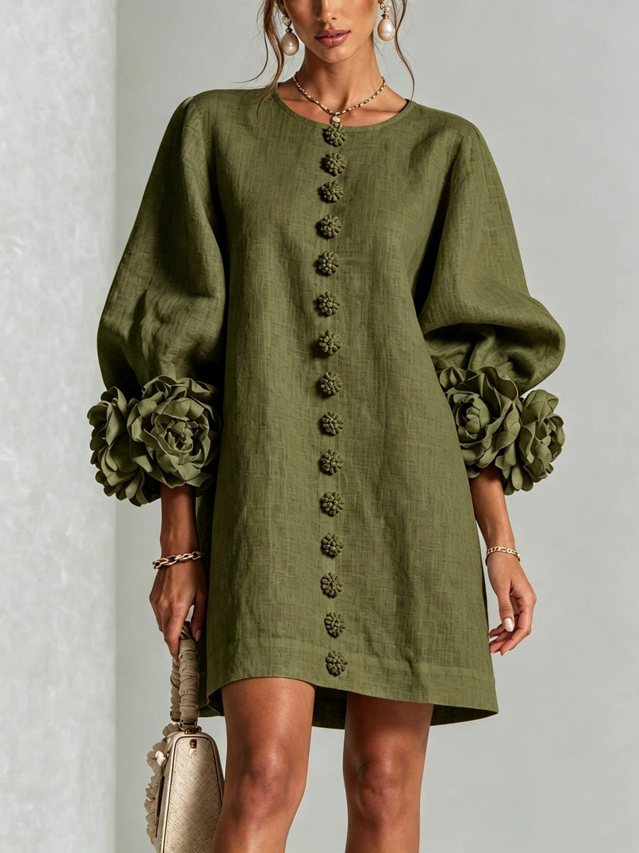 ROSELINA | Vestido Floral con Mangas Farol y Cuello Redondo