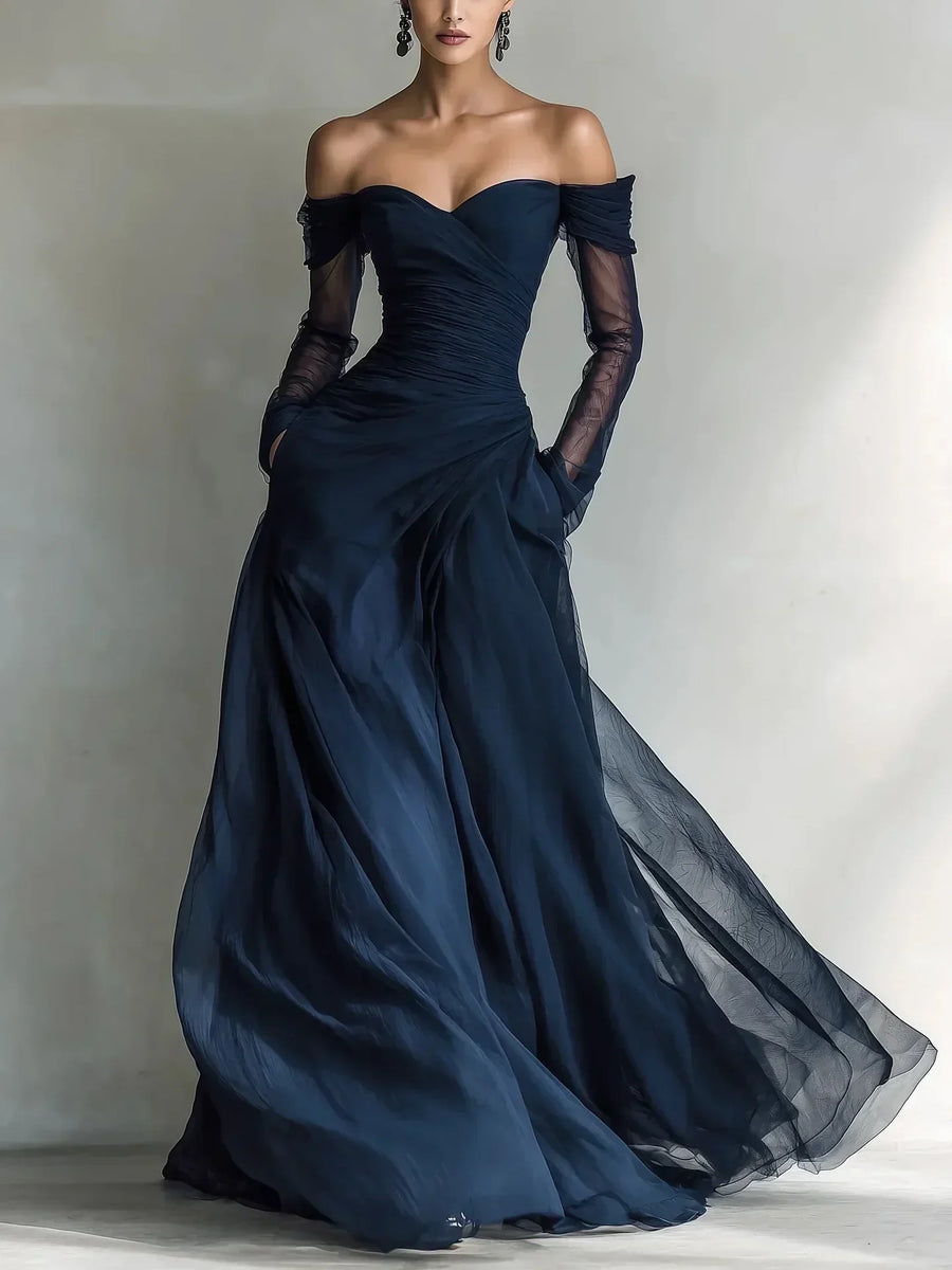 ELEONORA | Vestido Largo con Hombros Descubiertos e Insertos de Red