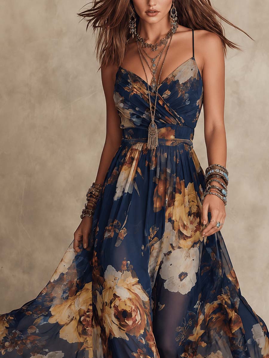 Vestido Maxi Floral Azul Marino