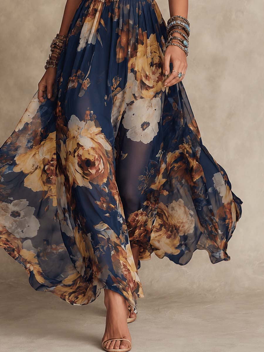 Vestido Maxi Floral Azul Marino
