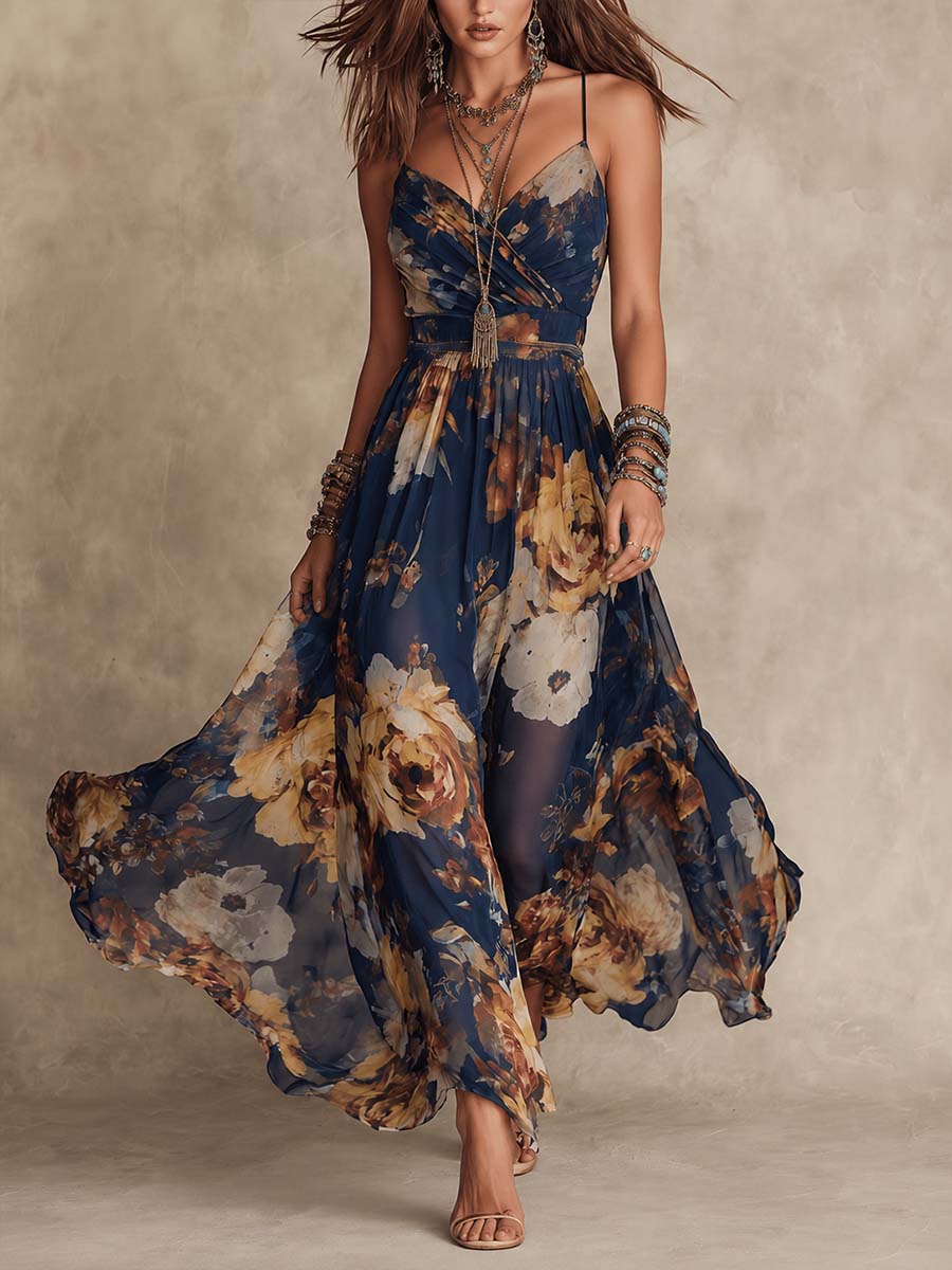 Vestido Maxi Floral Azul Marino
