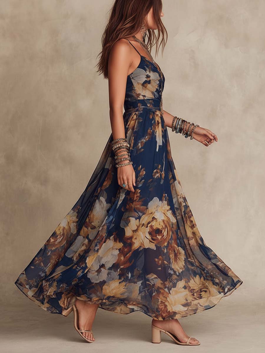 Vestido Maxi Floral Azul Marino