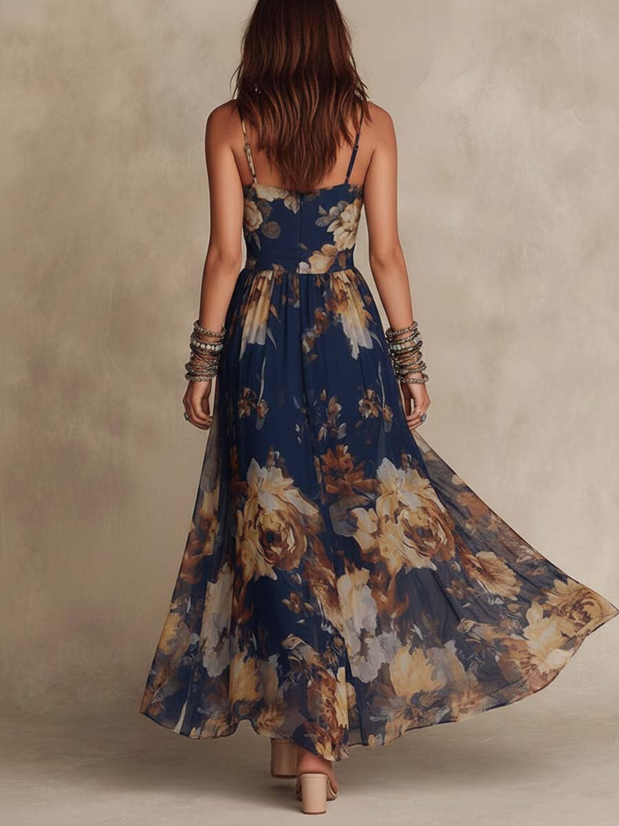 Vestido Maxi Floral Azul Marino