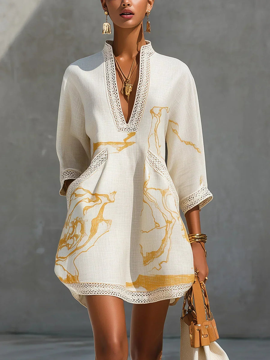 DONATELLA | Minivestido con Estampado Mármol Dorado y Encaje Crochet