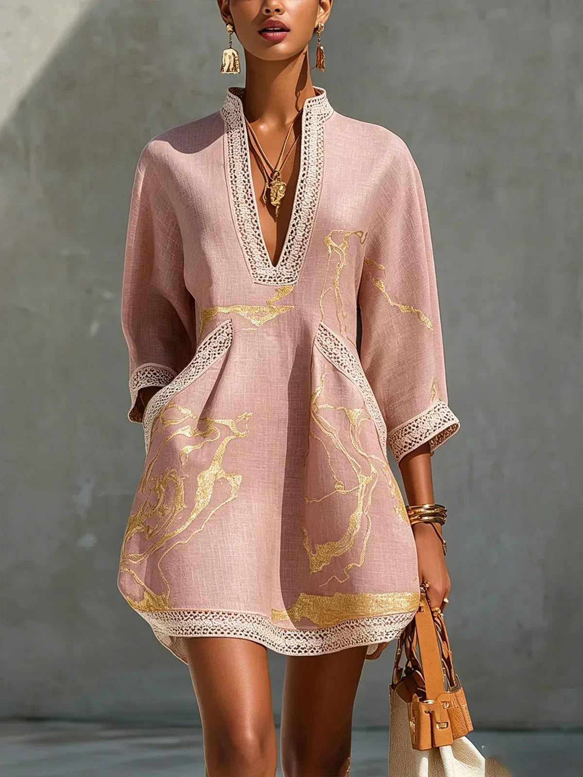DONATELLA | Minivestido con Estampado Mármol Dorado y Encaje Crochet