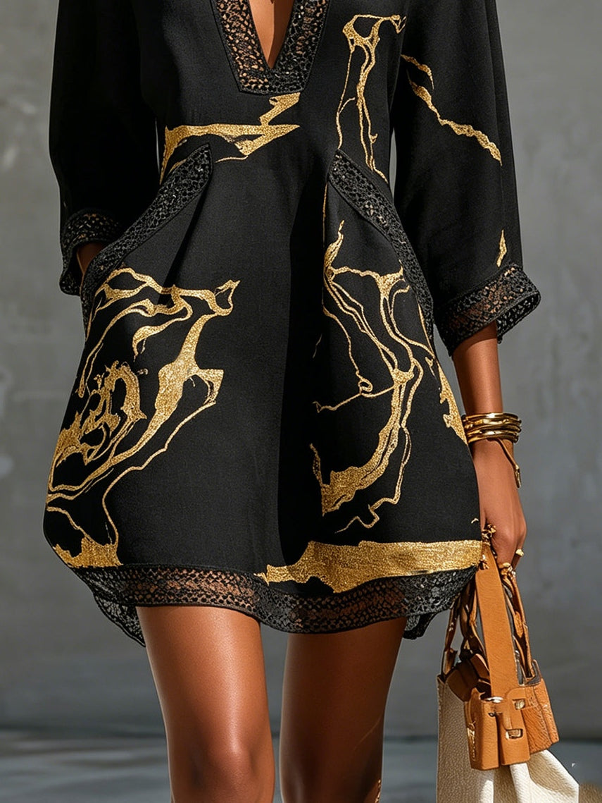 DONATELLA | Minivestido con Estampado Mármol Dorado y Encaje Crochet