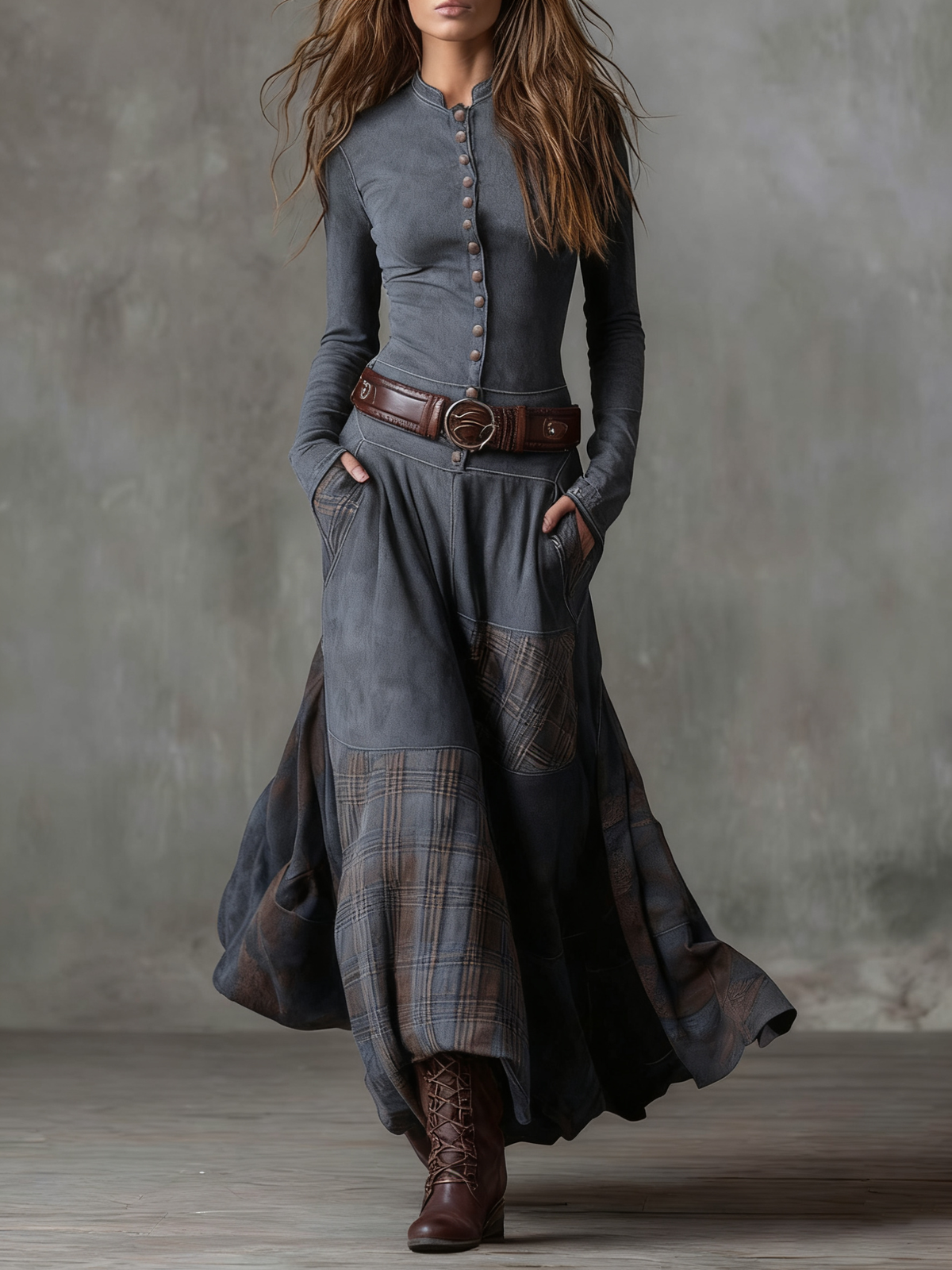 ÉLISE | Vestido Largo de Efecto Ante con Cinturón