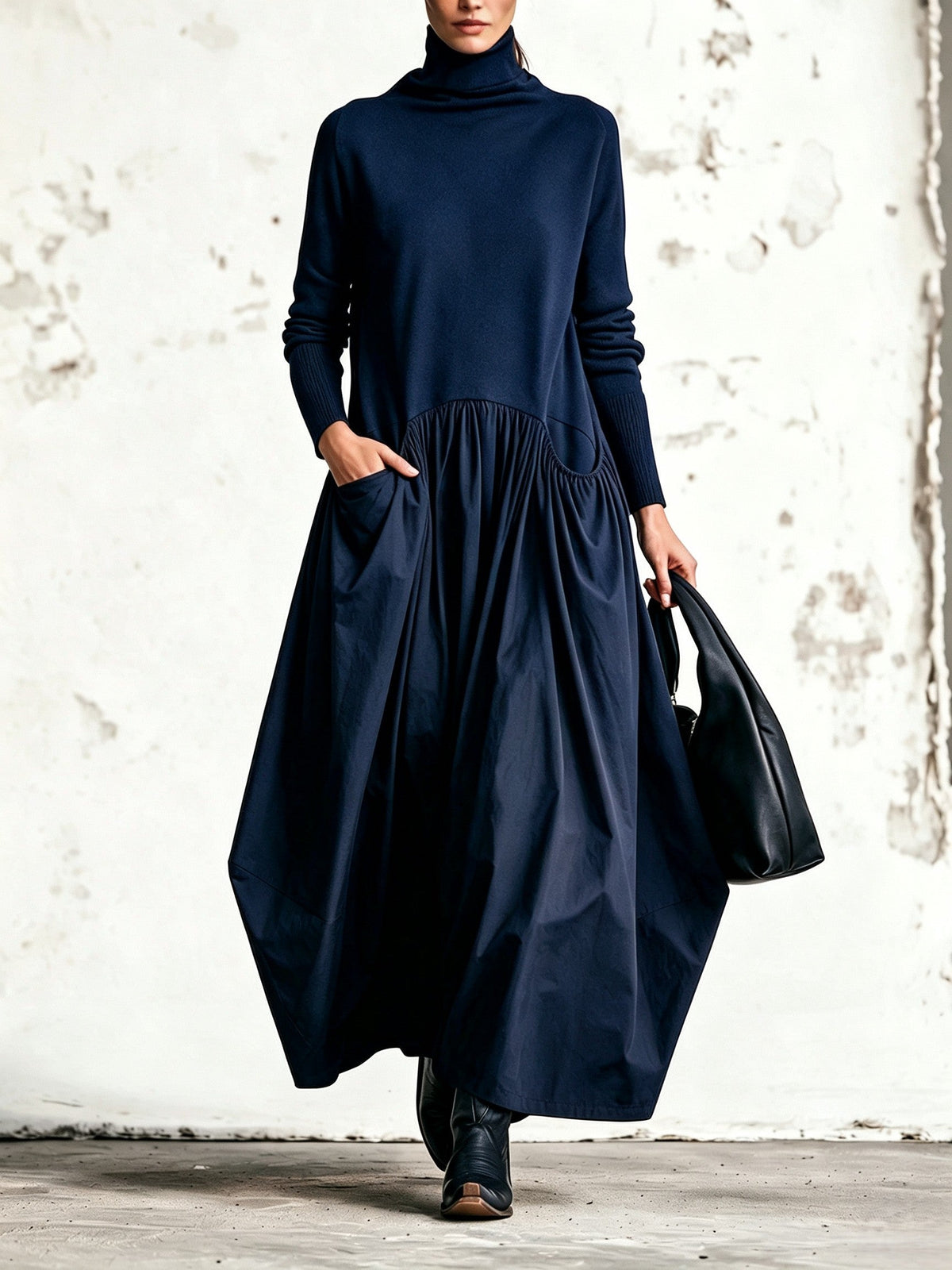 BERENICE | Vestido Largo Oversize de Cuello Alto con Bolsillos