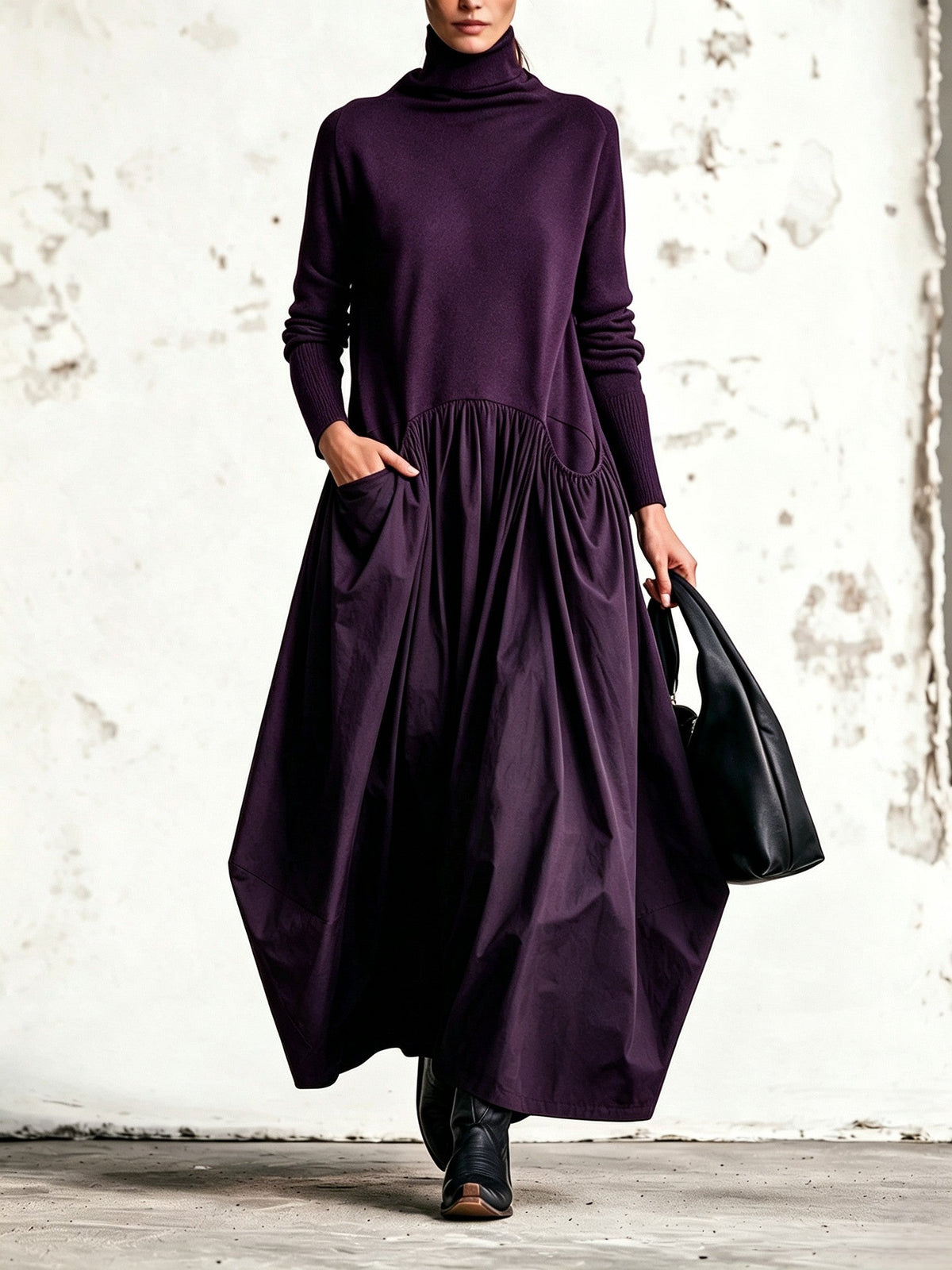 BERENICE | Vestido Largo Oversize de Cuello Alto con Bolsillos