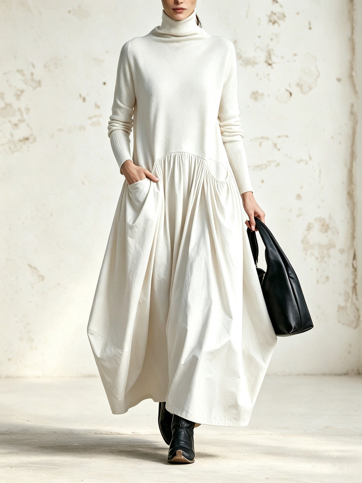 BERENICE | Vestido Largo Oversize de Cuello Alto con Bolsillos