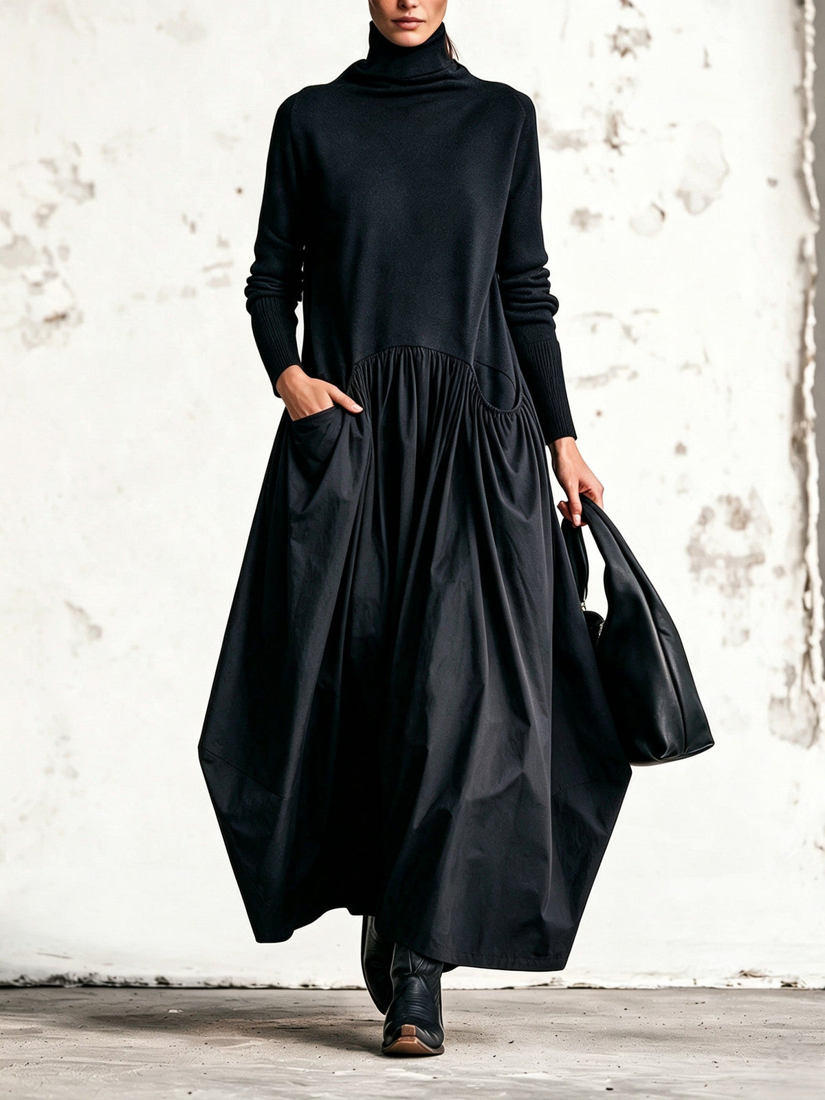 BERENICE | Vestido Largo Oversize de Cuello Alto con Bolsillos