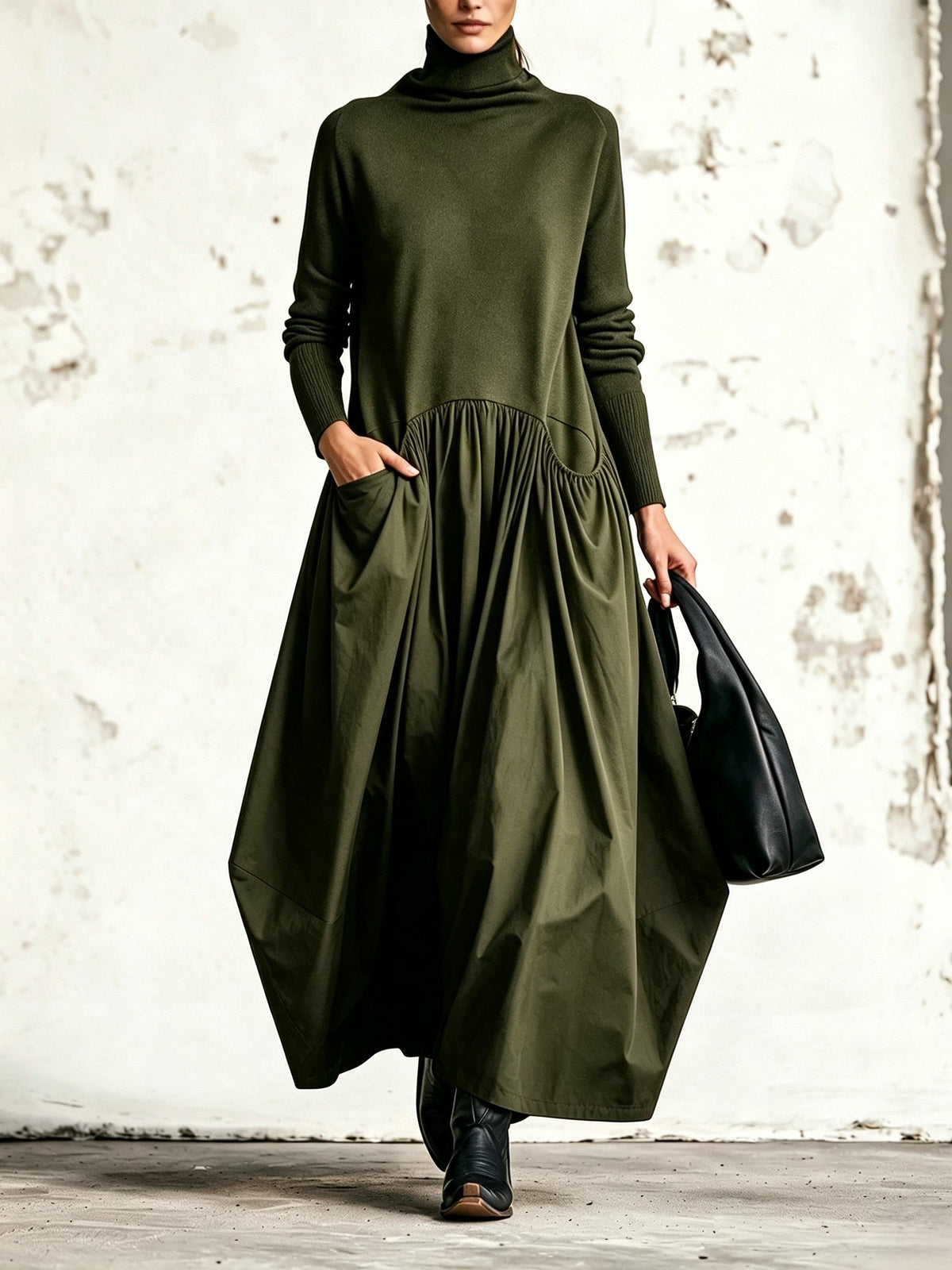 BERENICE | Vestido Largo Oversize de Cuello Alto con Bolsillos