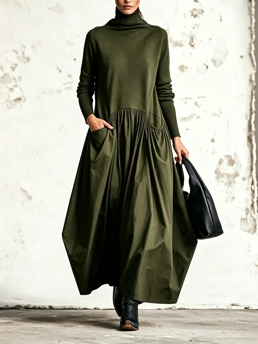 BERENICE | Vestido Largo Oversize de Cuello Alto con Bolsillos