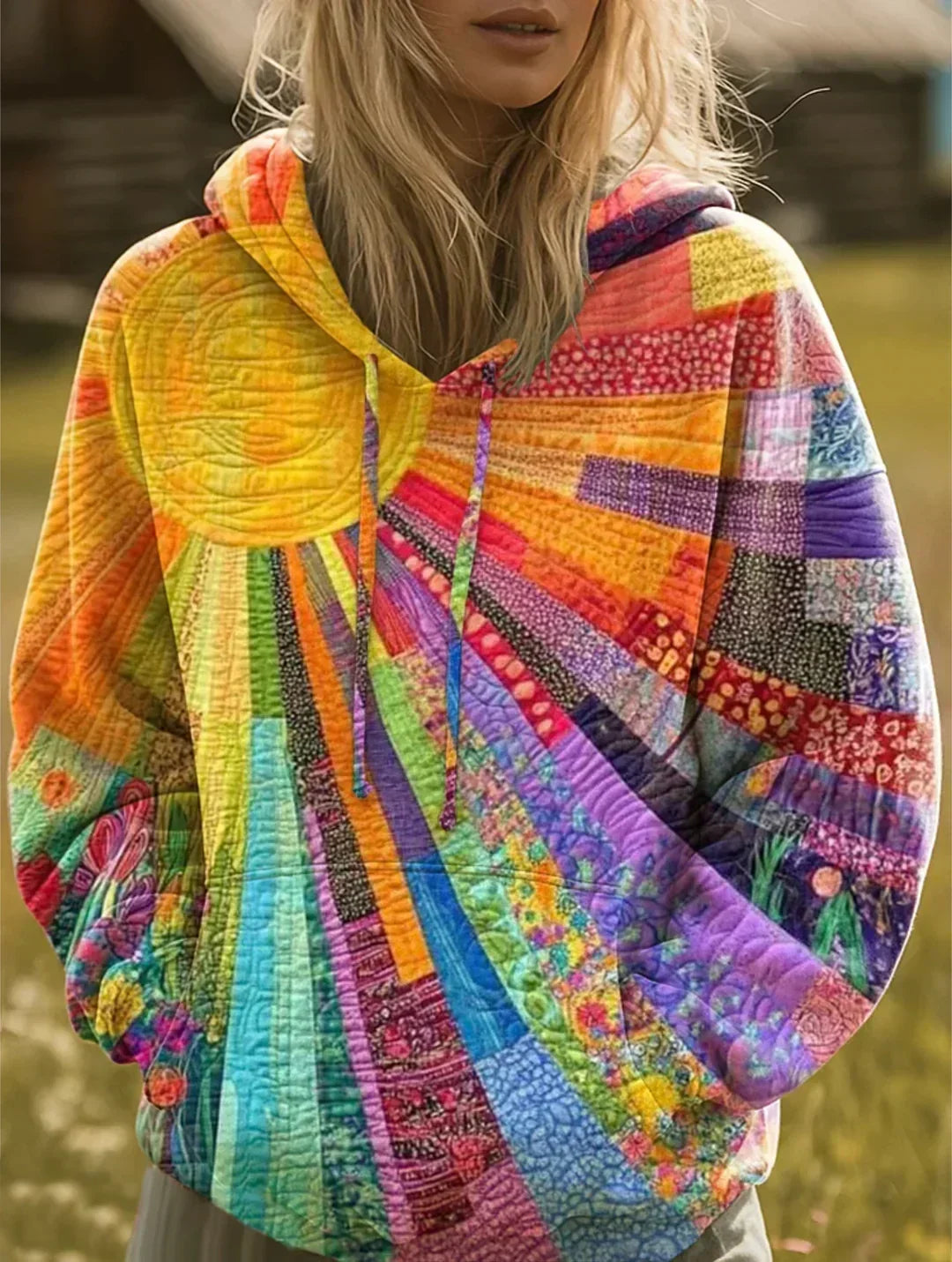 Dawnella | Sudadera Bohemia de Parches Multicolores
