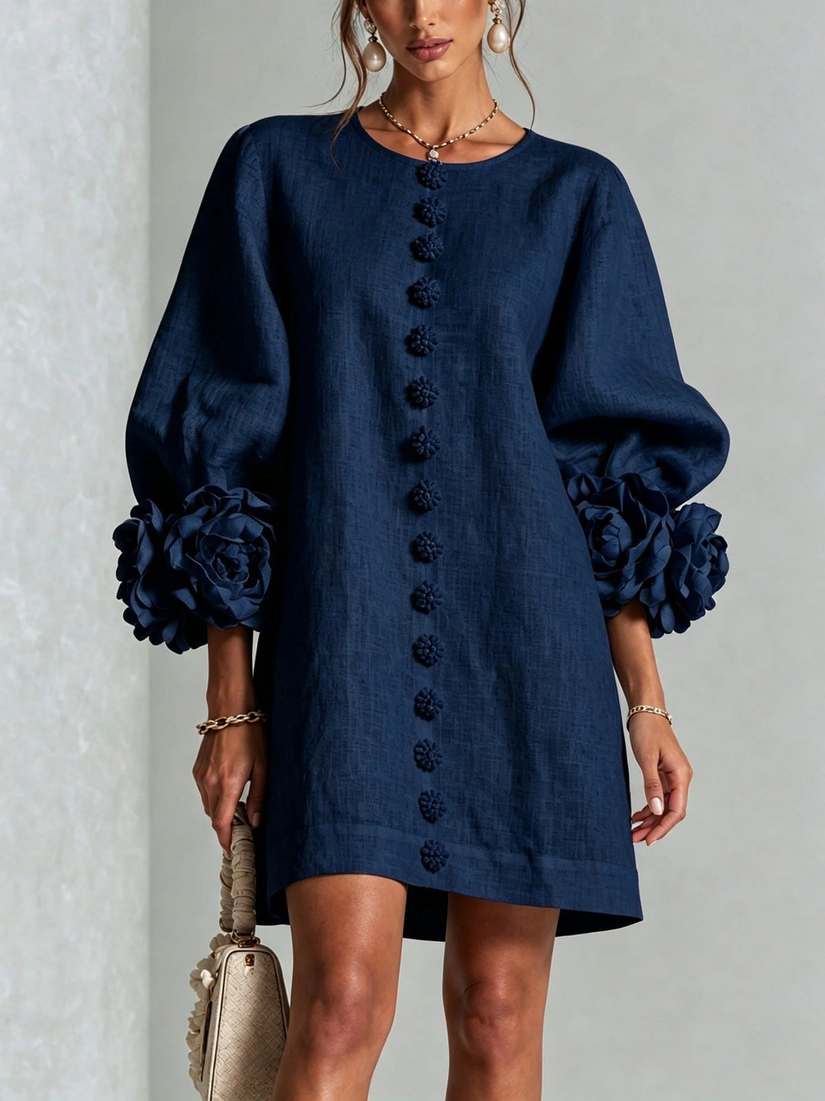 ROSELINA | Vestido Floral con Mangas Farol y Cuello Redondo