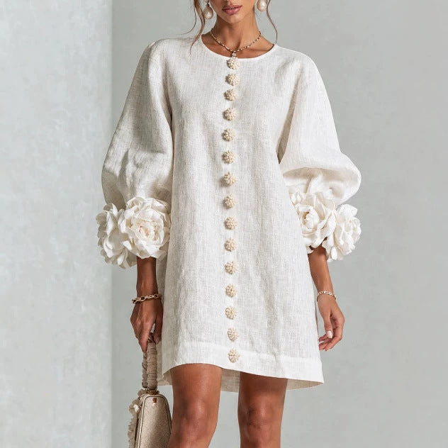 ROSELINA | Vestido Floral con Mangas Farol y Cuello Redondo